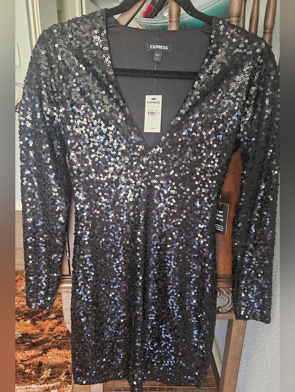 NwT Express Black Long Sequin V-Neck Mini Dress
